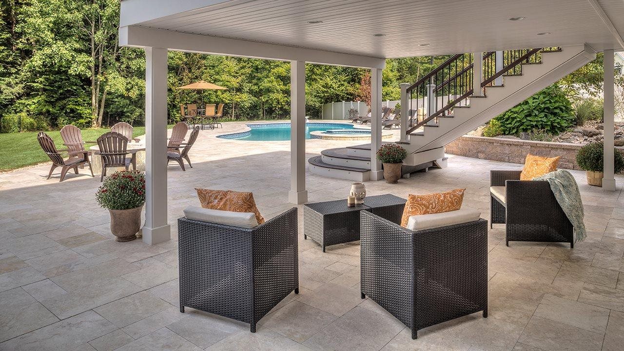 Outdoor bonus space with livingroom tucked under deck and access to near by pool